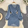 Casual Dresses 2023 Spring Women's Cross V-neck Corduroy Dress Ladies Elegant Vintage Wrinkle Slim Bodycon Long-sleeve Wrap