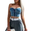 Tanks Camis Summer Women's Denim Tube y2k Backless Ultra Thin Fit Bandeau Bodysuit Strapless Tie Cross Front Crop Top P230605