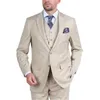 Erkekler Takım Kostüm Homme Bej Çentik Yoklu Blazer Pantolon Düğün için Groomen 3pcs (Ceket Pantolon Yelek Kravat) Smokin İnce Fit Party Wear