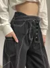 Jeans da donna SUCHCUTE Jeans a gamba larga neri gotici con cintura Pantaloni da donna in denim accademico scuro Hip Hop Streetwear Pantaloni punk Fairycore grunge J230605