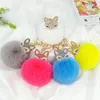 Faux Rabbit Fur Ball Pom Pom Keychain with Fox Head Studded with pearl Rhinestone for Womens Bag Car Key Decoration 1224448