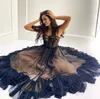 Élégante courte robe de bal d'anniversaire bretelles spaghetti noir pointillé tulle volants thé longueur robes de soirée robe de soirée robes de fête