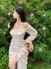 Casual Dresses Edible Tree Ruffle Chiffon Slit Boho Midi Long Dress Women Y2k kläder One Piece Korean Fashion 2023 Vestido Robe