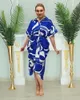 Ethnic Clothing Spring Autumn African Women na pół rękawie drukowanie poliestru niebieskie czarne zielone sukienki do kolan do kolan