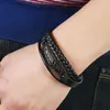 Charm Bracelets Fashion Black Stainless Steel Bracelet For Men Leather Double Layer Braided Rope Jewelry Single Feather Boyfriend Gift