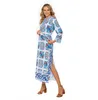 Пляжное платье европейское и американское сине -белое фарфоровое вечернее платье для женского платья
