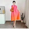 Casual Dresses YUDX Miyake Slot-neck Pleated Womens Gradually Changing Color In Spring And Summer 2023 Irregular Three-quarter Sleeve Dress