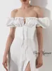 Robes de soirée manches bouffantes Robe blanche épaules dénudées découpées cravate côté fendu froncé longue Robe Femme été pour les femmes 2023