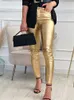 Women's Pants Capris Women Lings Faux Leather Pants Autumn Winter Gold Silver Fashion Lady Trousers Sexy Skinny Tight Pocket Button Female Pants J230605