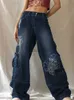 Jeans da donna Stampa grafica retrò Jeans larghi Y2K Grunge Fairycore Pantaloni cargo in denim a vita alta Streetwear Pantaloni sportivi casual Cuteandpsycho J230605