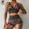 Kvinnors träningsdräkter Sexiga strandkläder Leopard Bralette Crop Top Shorts 2 -stycken Set Women Backless Sports BH Elastic Waistband Scrunch Shorts Suit T230605