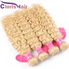 #613 Blond Deep Wave Human Hair Lace Stängning med 3 buntar Extensions Full Platinum Blond Brasilianska jungfru Deep Curly Weaves Stängning 4st