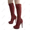 Olomm New Women Winter Knee Boots Platform Zipper Stiletto Heels Round Toe Pretty Brown Cosplay Shoes Plus US Size 5-20