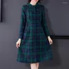 Casual Dresses Autumn Winter Women Vintage Plaid Dress Långärmad grön mode Mid-long damer förtjockande ullkvinna