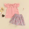 衣類セット2PCS幼児の子供の女の子の夏の服フライスリーブソリッドカラーTシャツトップと花柄のミニスカートセット