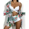 Roupa de banho feminina 2023 conjuntos de biquínis 3 peças encobrir maiô feminino sexy estampado protetor solar manga comprida banho roupa de praia roupas de banho