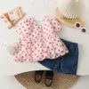 Clothing Sets Summer sweet girls polka dot chiffon doll shirt girl blouse tops and denim shorts clothing set