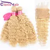 #613 Blond Deep Wave Human Hair Lace Stängning med 3 buntar Extensions Full Platinum Blond Brasilianska jungfru Deep Curly Weaves Stängning 4st