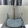 Blaue Denim-Canvas-Umhängetasche, halbe Halbmond-Unterarmtasche, Designer-Umhängetasche, Diamant-Dekoration, hochwertige Clutch mit offenem Reißverschluss und verstellbarem Schultergurt