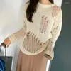 Women's Sweaters Women Solid Beige Hollow Sweater 2023 Spring Lady Thin Hole Split Knitwear Cool Hipster Gothic O Neck Outdoor See-through