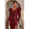 Robes décontractées africaine élégante dame robe de soirée mode Sequin Maxi bordeaux à manches longues soirée de bal pour les femmes 2023