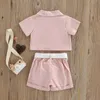 Conjuntos de roupas criança bebê meninas roupas verão manga curta lapela colarinho botão-para baixo blusa tops shorts cinto moda