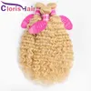 #613 Blond Deep Wave Human Hair Lace Stängning med 3 buntar Extensions Full Platinum Blond Brasilianska jungfru Deep Curly Weaves Stängning 4st