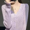 Tricots pour femmes MOONYUEFA Cardigan en soie glacée été femmes Style mince ample petit manteau confortable court simple boutonnage crème solaire