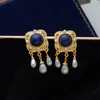 Retro-Perlenohrringe für Damen, luxuriöse Ohrringe im mittelalterlichen Palaststil, Lapislazuli-Quastenohrringe E380