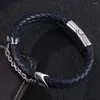 Bracelets porte-bonheur Double 6 MM bleu foncé Bracelet en cuir tressé hommes acier inoxydable boucle magnétique femmes Bracelet cadeau de noël