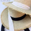 Sommer Bast Frauen Lange Band Breite Krempe Strand Hut Französisch Stil Vintage Sonnencreme Große Natürliche Weizen Str Hüte Mädchen Bogen kappe L230523