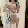 Повседневные платья qweek сексуальные кружевные платья Bodycon Обертывание на плече корейская мода Kpop Party 2023