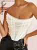 Regatas femininas Camis criptográficas sem mangas Moda sem alças Bustiê Corset Crop Tops Feminino Mesh Backless Branco Feminino Tops Feminino Zíper Verão 2023 T230605