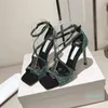 Fashion Women Pumps Sandals Senior 95 mm Strass Diamond Embellished Square Toe Cross Ankle Sling Design