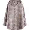 Women's Blouses 2023 Arrival Autumn Women Loose Casual Cotton Linen Plaid Print Blouse All-matched Hooded Collar Single Breasted Shirts V758
