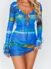 Casual Kleider Frauen Sheer Mesh Bohemian Print Kleid Langarm Volant V-Ausschnitt Tie-Up Mini Durchsichtig Y2K Strand Sexy