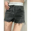 Women Waistband Denim Shorts Fashion Brief Layer Jean Shorts Blue Ladies Elasticated Embellished Waistband Peeking Over Top