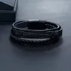 Charm Bracelets Fashion Black Stainless Steel Bracelet For Men Leather Double Layer Braided Rope Jewelry Single Feather Boyfriend Gift