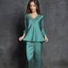 Dames Nachtkleding V-hals Lange Mouwen Dames Pyjama Sets Lace Edge Shirt Broek Slaappak Huiskleding Effen Kleur Ijs Zijde Homewear