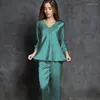 Indumenti da notte da donna con scollo a V maniche lunghe Pigiama da donna Set Camicia con bordo in pizzo Pantalone Abito da notte Abbigliamento per la casa Tinta unita Seta di ghiaccio Homewear