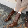 Boots Platform Chunky Motorcycle Cowboy Boots For Women Brand Designer Buckle Vintage Fashion Casual Mid Calf Boots Shoes Z0605