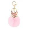 Faux Rabbit Fur Ball Pom Pom Keychain with Fox Head Studded with pearl Rhinestone for Womens Bag Car Key Decoration 1224448