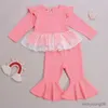 Clothing Sets 2 Pieces Kids Suit Set Toddler Lace Trim Round Neck Long Sleeve Tops and Solid Color Flared Trousers for Girls 1-5 Years