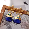 Style médiéval or fleur femmes clous d'oreilles Vintage gelée bleu vert cristal gemme boucles d'oreilles E370