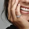 Funkelnder Schneeflocken-Doppelring für Pandora, authentischer Ehering aus Sterlingsilber, Designer-Schmuck für Frauen, Kristalldiamant, Luxusring mit Originalverpackung