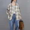 Women's Blouses 2023 Arrival Autumn Women Loose Casual Cotton Linen Plaid Print Blouse All-matched Hooded Collar Single Breasted Shirts V758