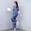 Women's Two Piece Pants Denim Wide-Leg Ladies Suit Spring Autumn Elegant Printed Casual Two-Piece Culottes Women's High-End Business