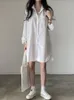 Robes décontractées QWEEK 2023 en blanc robe courte femmes bureau dames à manches longues en vrac mode coréenne Kpop été automne