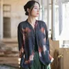 Women's Blouses Ramie Thin Print Retro Women Shirt 2023 Summer Stand Button Three Quarter Sleeve Casual Tops Slim-type Blouse