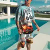 Men's Tracksuits US Route 66 printed fashion T-shirt+shorts 2-piece loose fitting beach casual summer men's sportswear P230605
